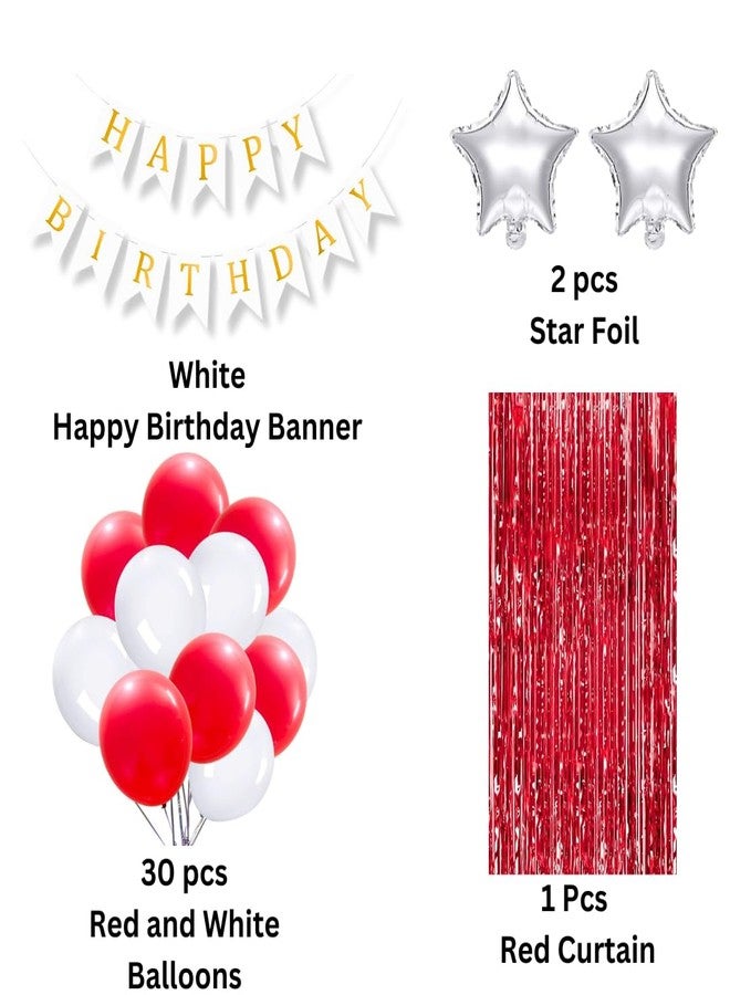 Flyloons مستلزمات تزيين أعياد الميلاد من فلاي لونز للبنات والأولاد، تتضمن بالونات معدنية باللونين الأحمر والأبيض، وبالونات فويل فضية على شكل نجمة، وستارة فويل حمراء، وشعار أبيض. - Image 2